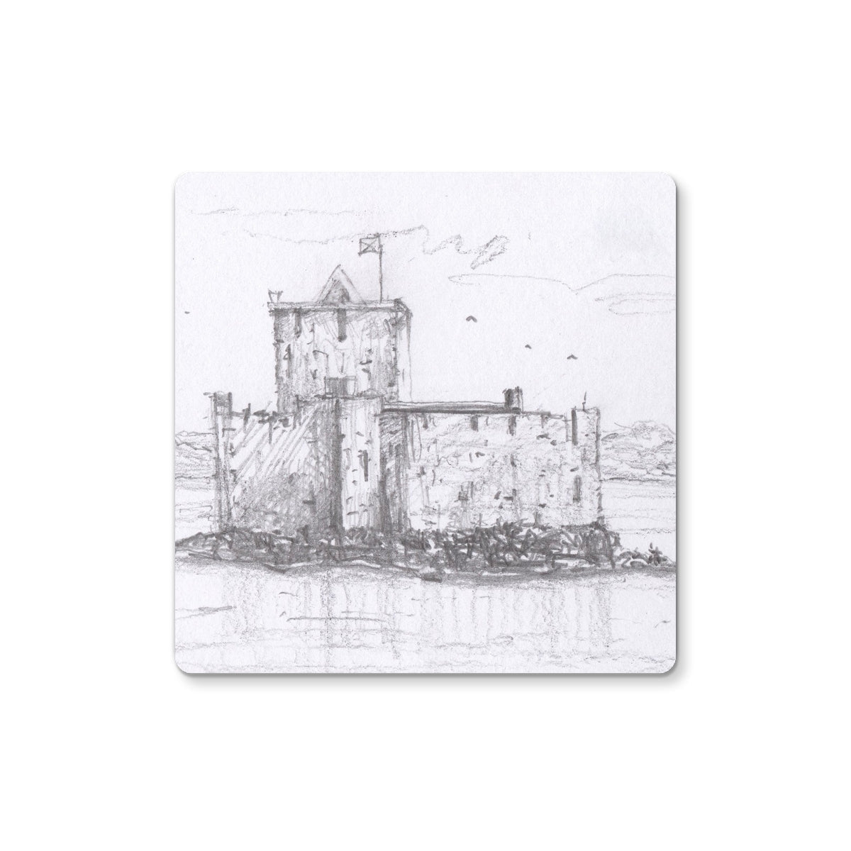 Kisimul Castle coaster with monochrome pencil sketch of historic stone castle, flag, birds