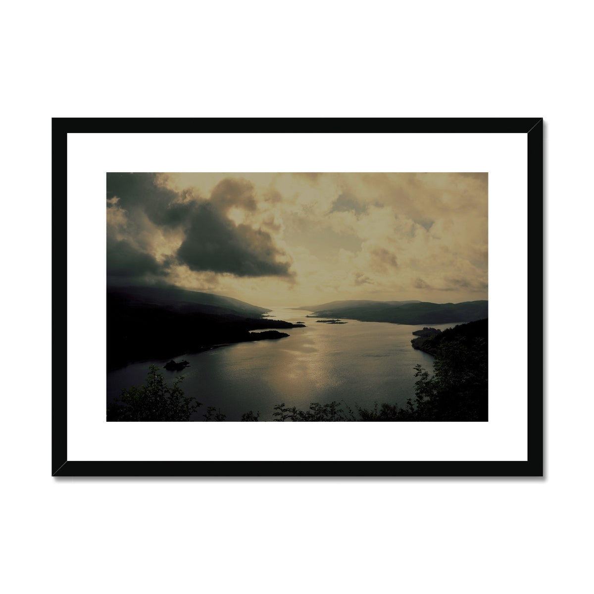 Black framed canvas print of The Kyles of Bute lake scene