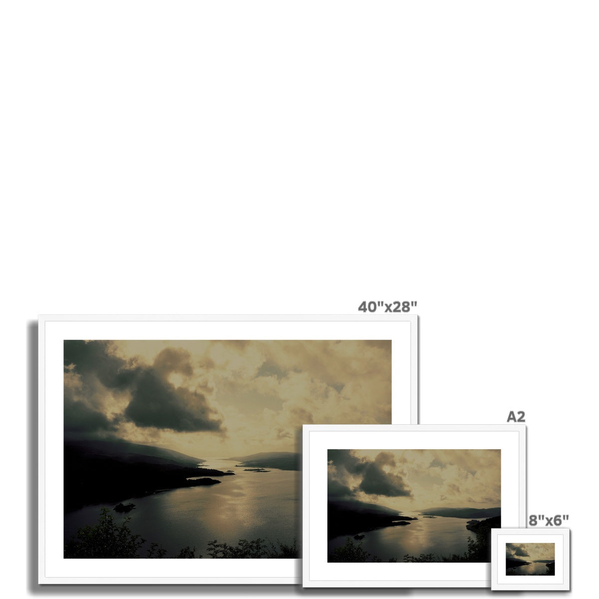 40x28 inch framed sepia landscape print of The Kyles of Bute with dramatic clouds