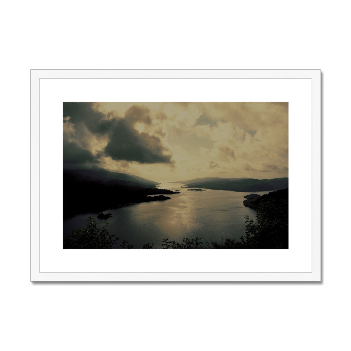 White framed canvas print of tranquil Kyles of Bute lake scene