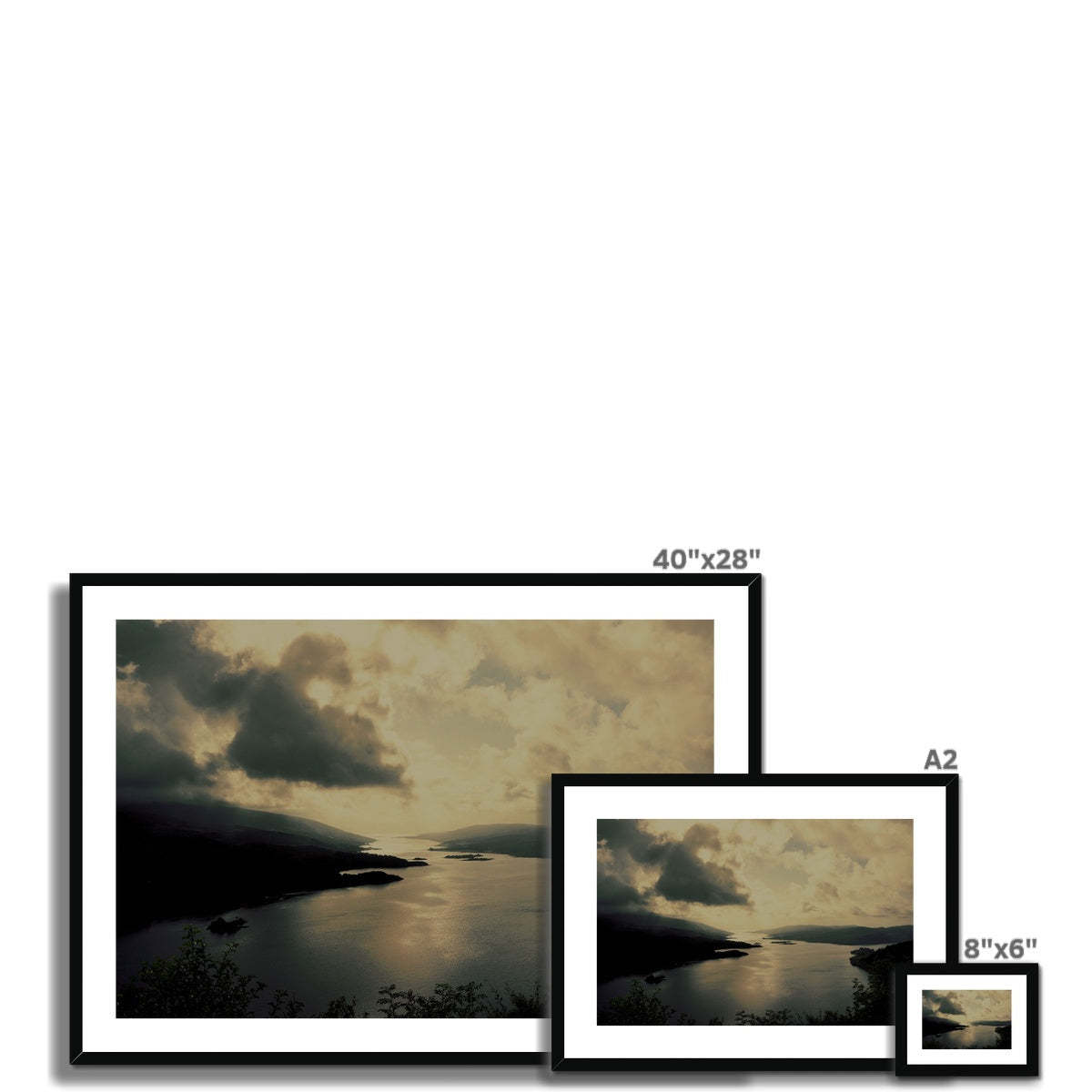 40x28 inch black frame with white mat, Kyles of Bute serene landscape print