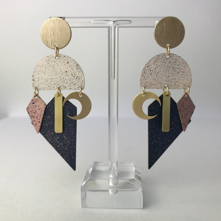 La Laguna Carnival earrings by Lindsay Mcdowall Jewellery: geometric gold-toned drops with beige, navy, pink terrazzo, and gold elements