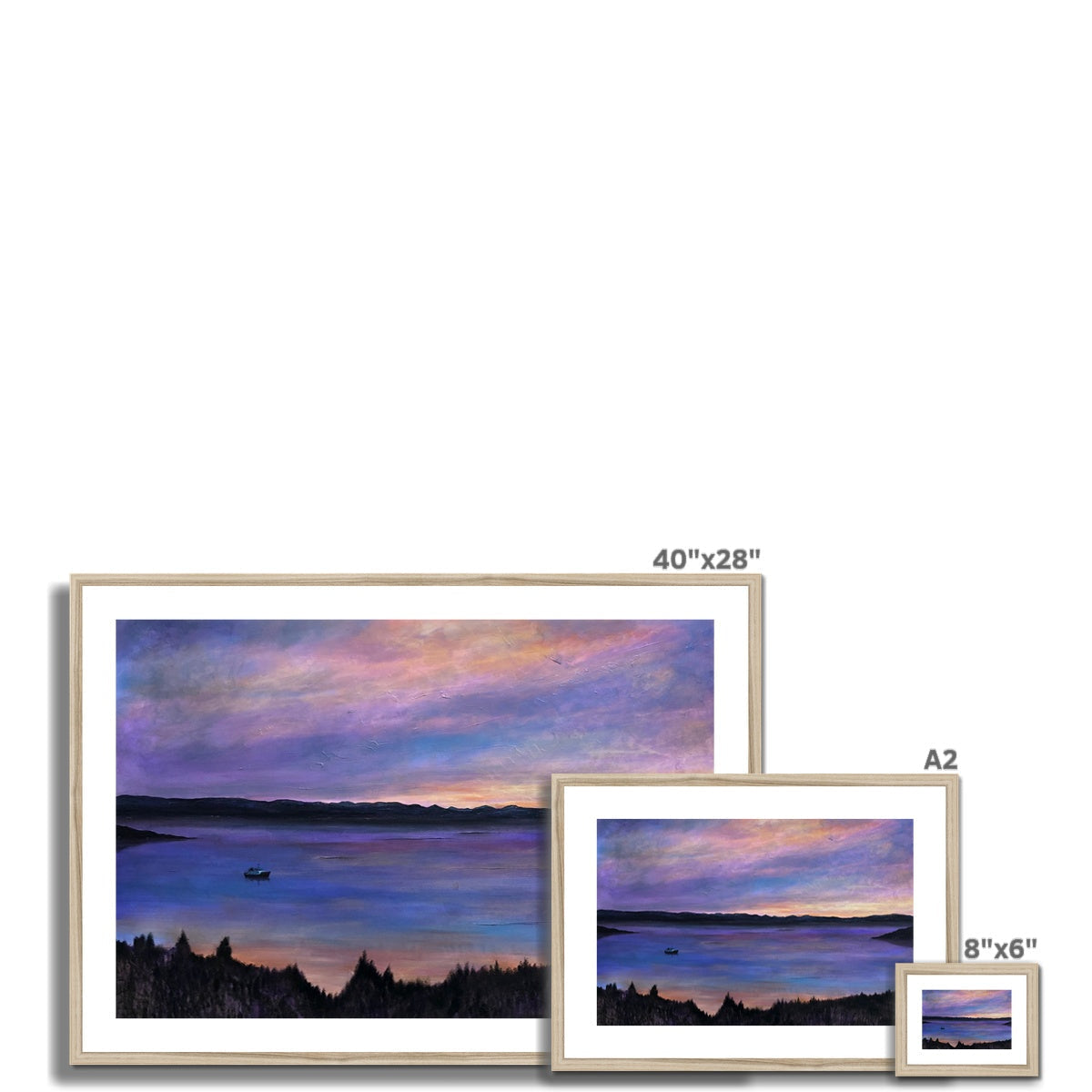 Lamlash Dusk 40x28 inch framed sunset landscape print with white matte and gold frame