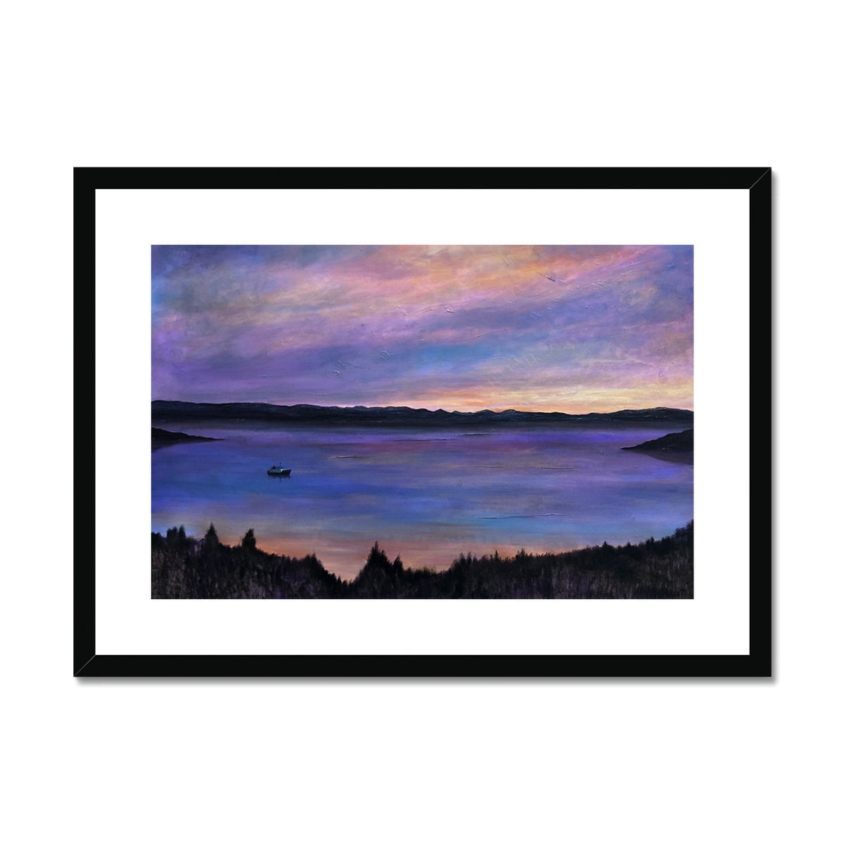 Lamlash Dusk black framed canvas print of purple orange sunset over water