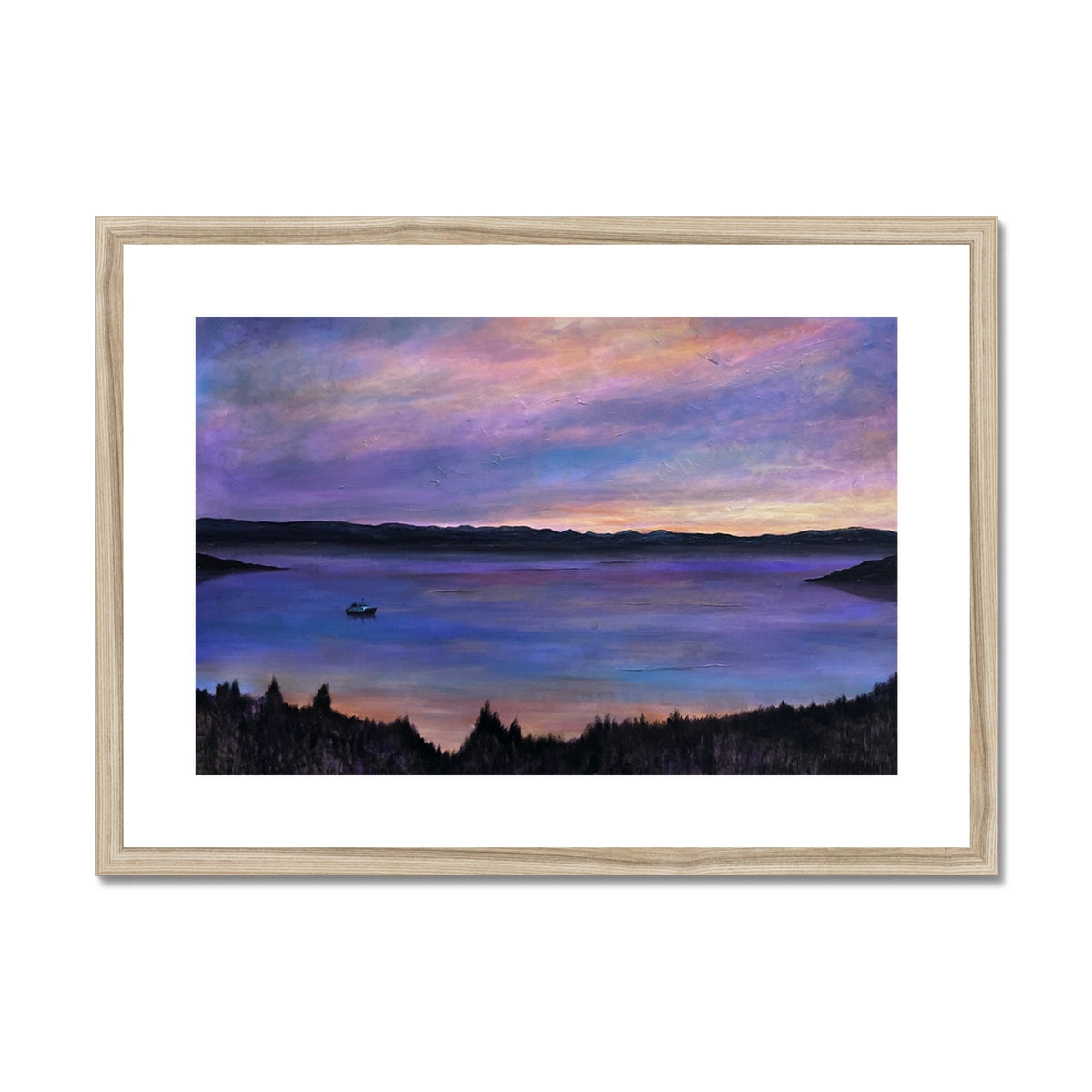 Lamlash Dusk purple and pink sunset landscape print in wooden frame