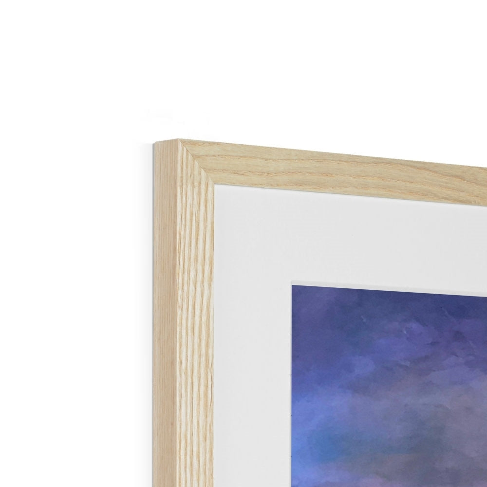 Lamlash Dusk art print in light wood frame with white mat and blue artwork