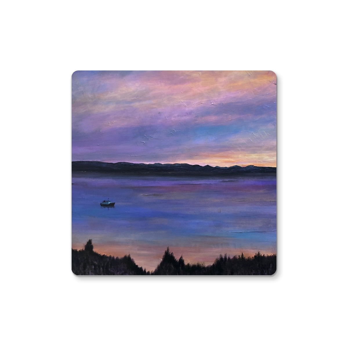 Square Lamlash Dusk coaster with painted sunset over water in purples, pinks, blues