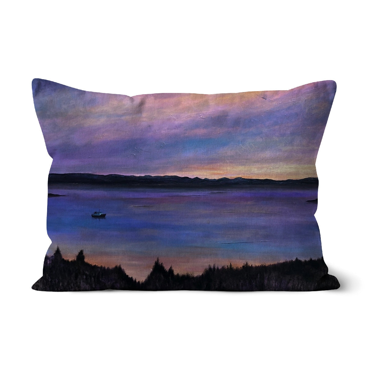 Lamlash Dusk Cushion: rectangular pillow with painted sunset over water in purple, pink, blue hues