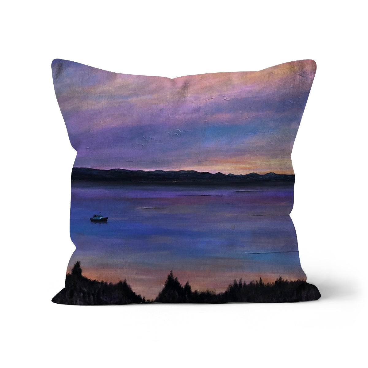 Lamlash Dusk Cushion: square pillow with painted sunset over water, silhouetted trees and mountains in blended purples, blues, and pinks
