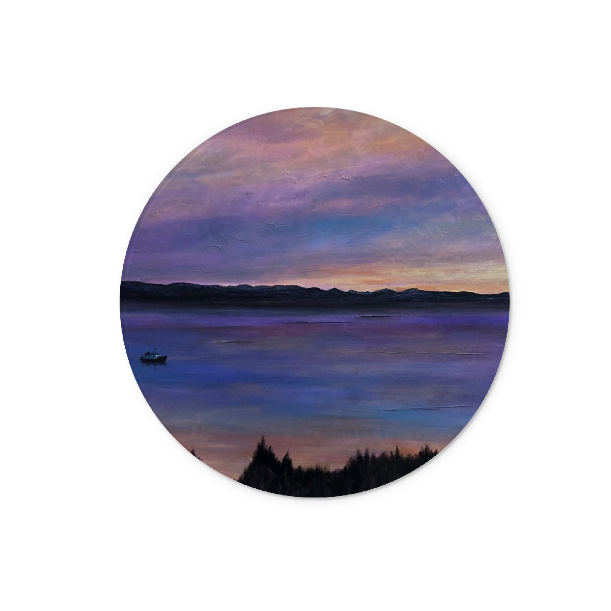 Lamlash Dusk glass chopping board with circular twilight landscape art