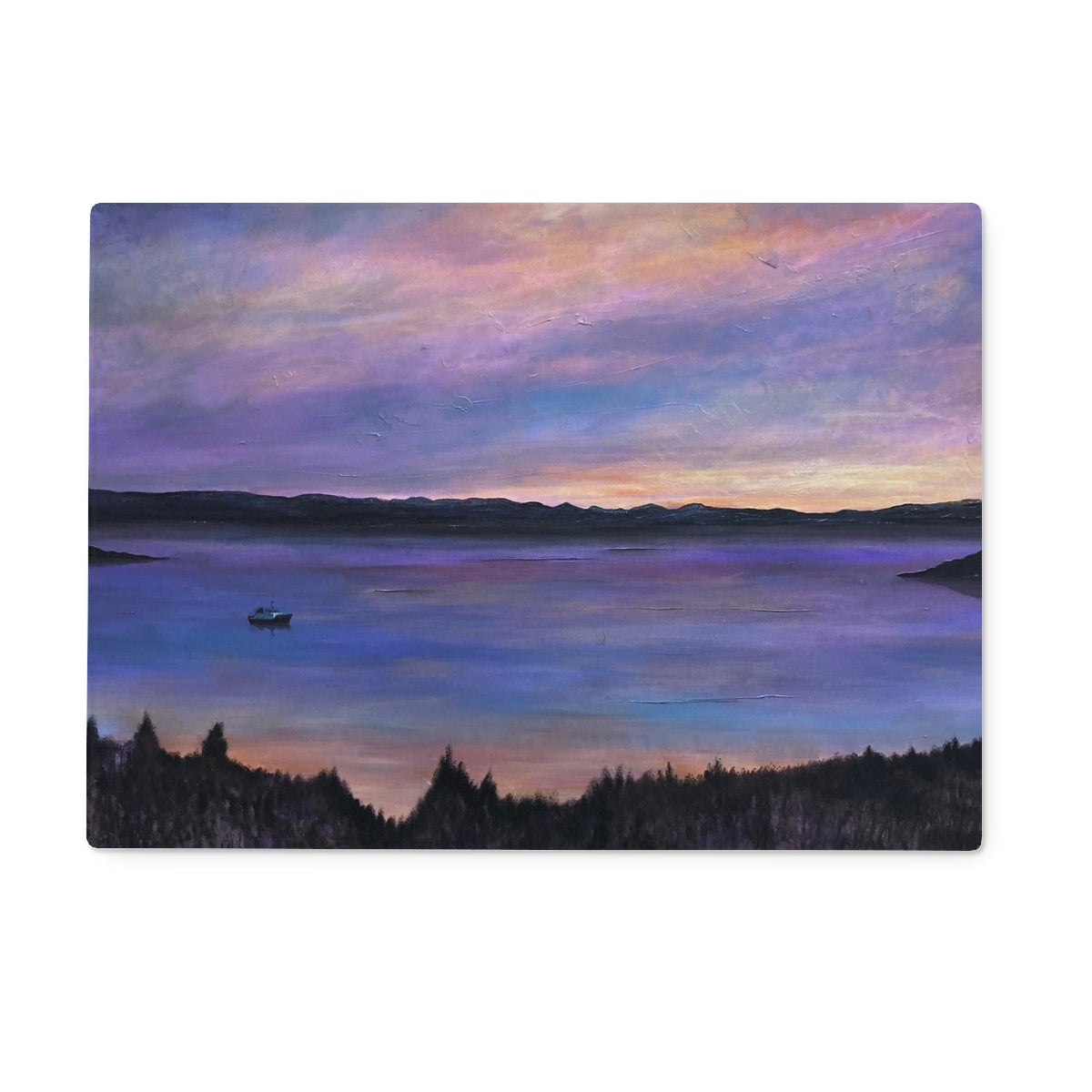 Lamlash Dusk glass chopping board with serene twilight lake print
