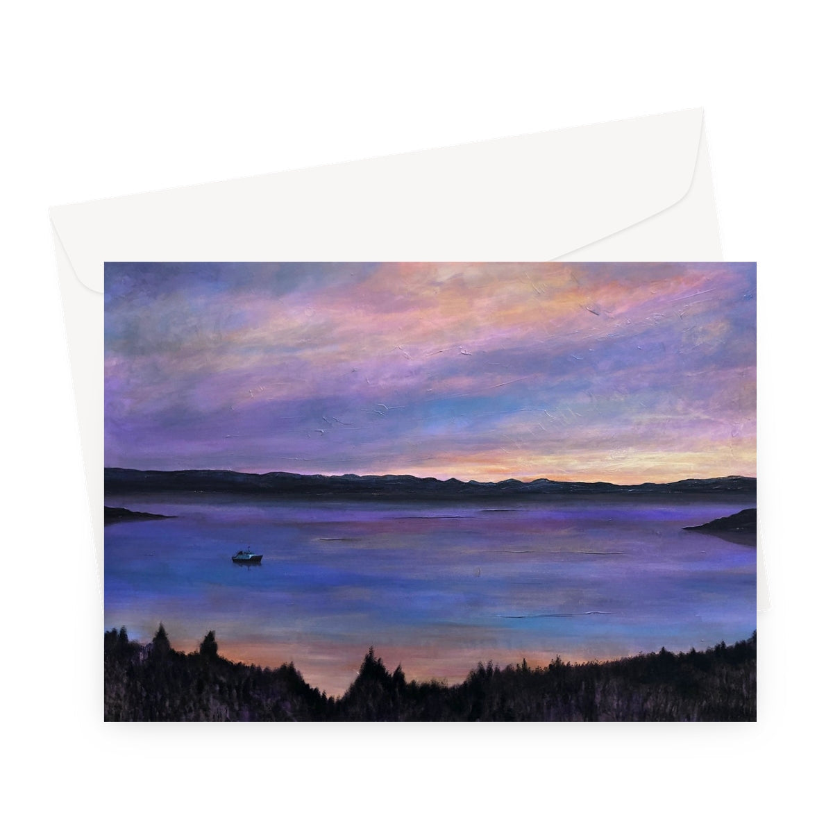 Lamlash Dusk greeting card with painted tranquil lake at dusk reflection