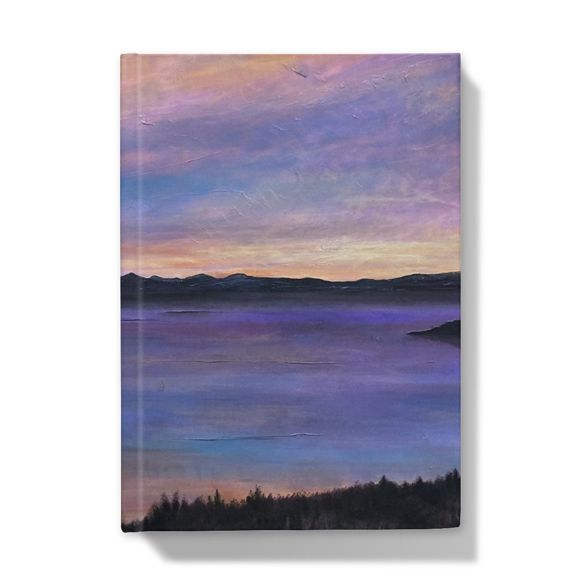 Lamlash Dusk Hardback Journal cover: purple pink sunset over lake