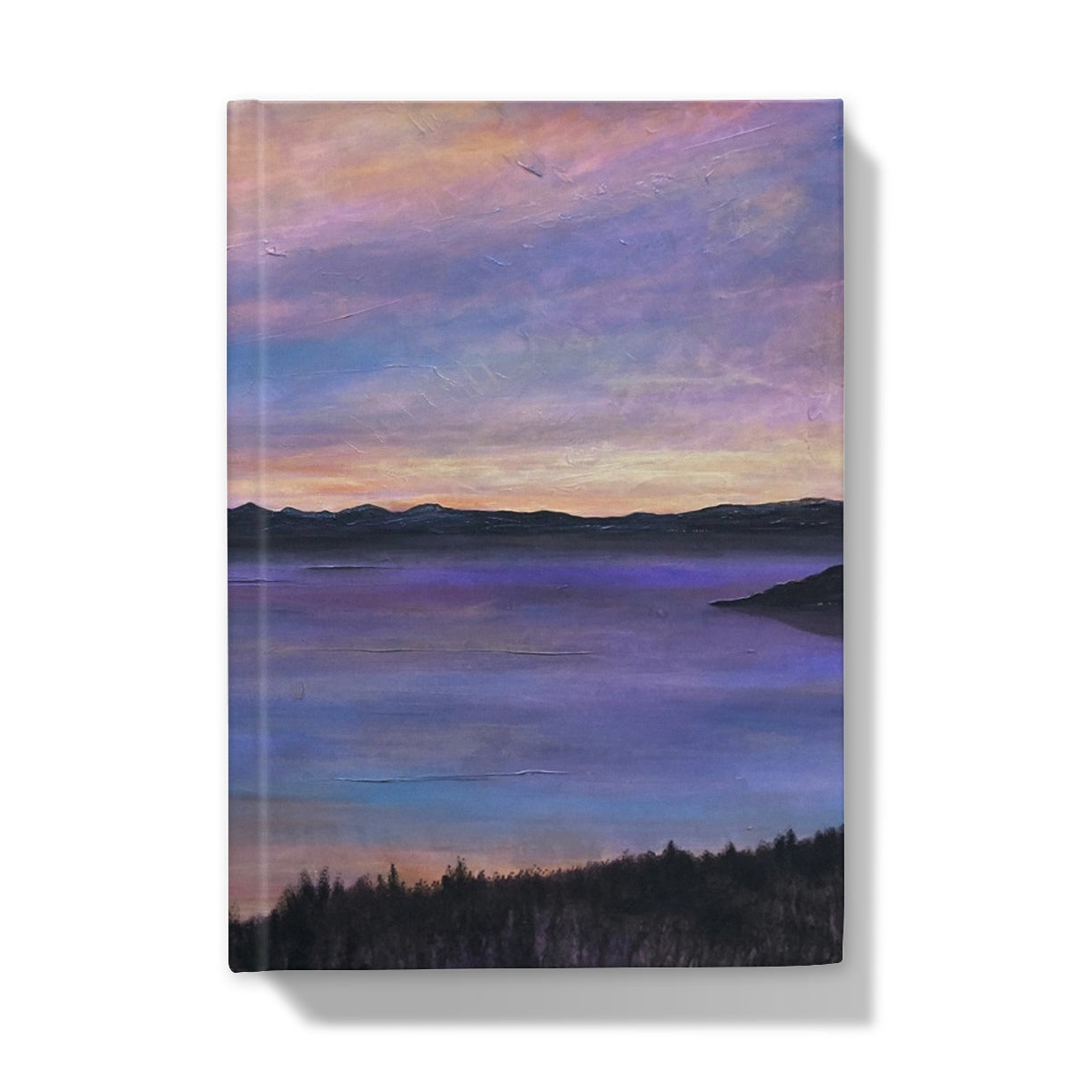 Lamlash Dusk hardback journal with purple pink sunset over lake cover