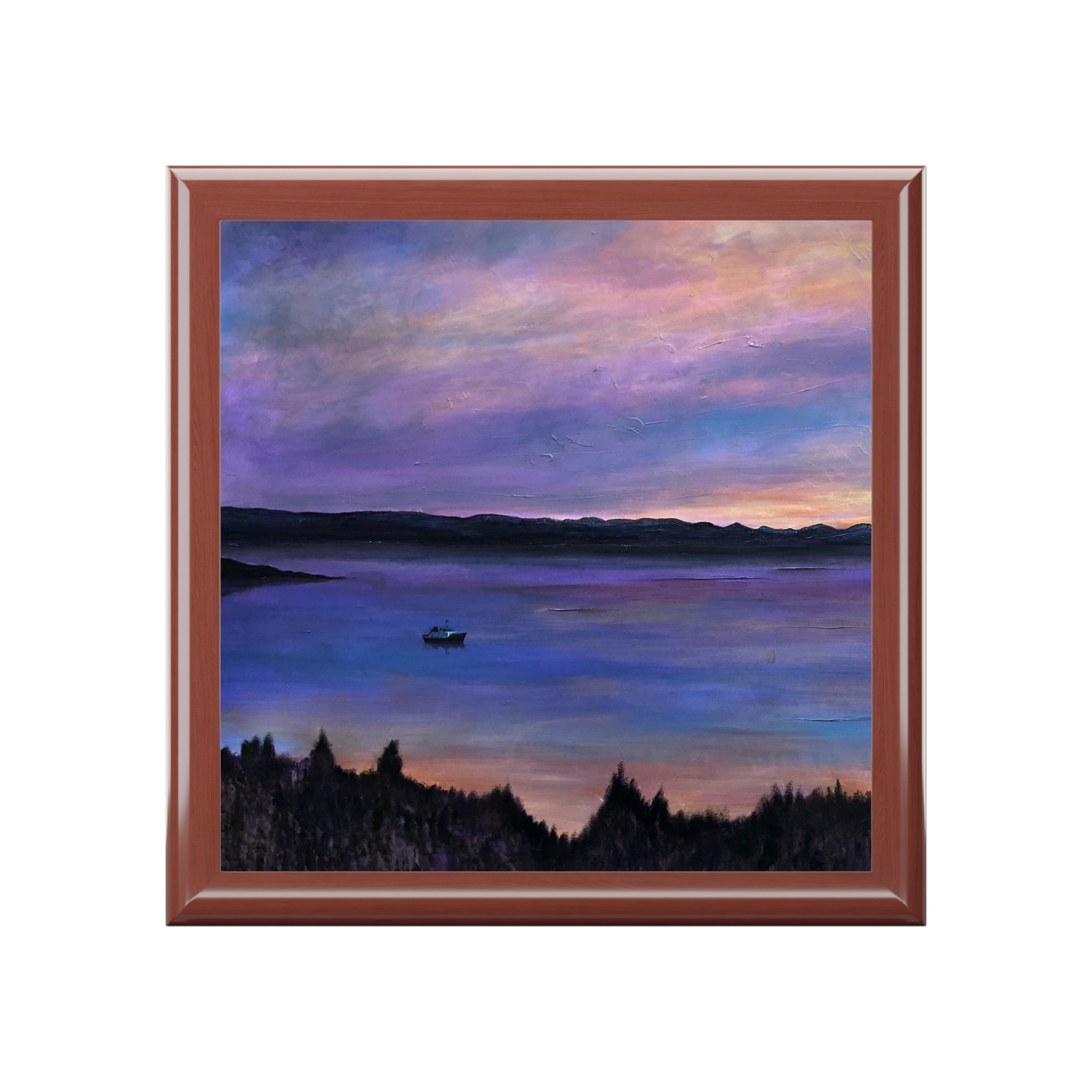 Lamlash Dusk jewelry box with serene twilight painting of purple pink blue hues over Scottish water and hills