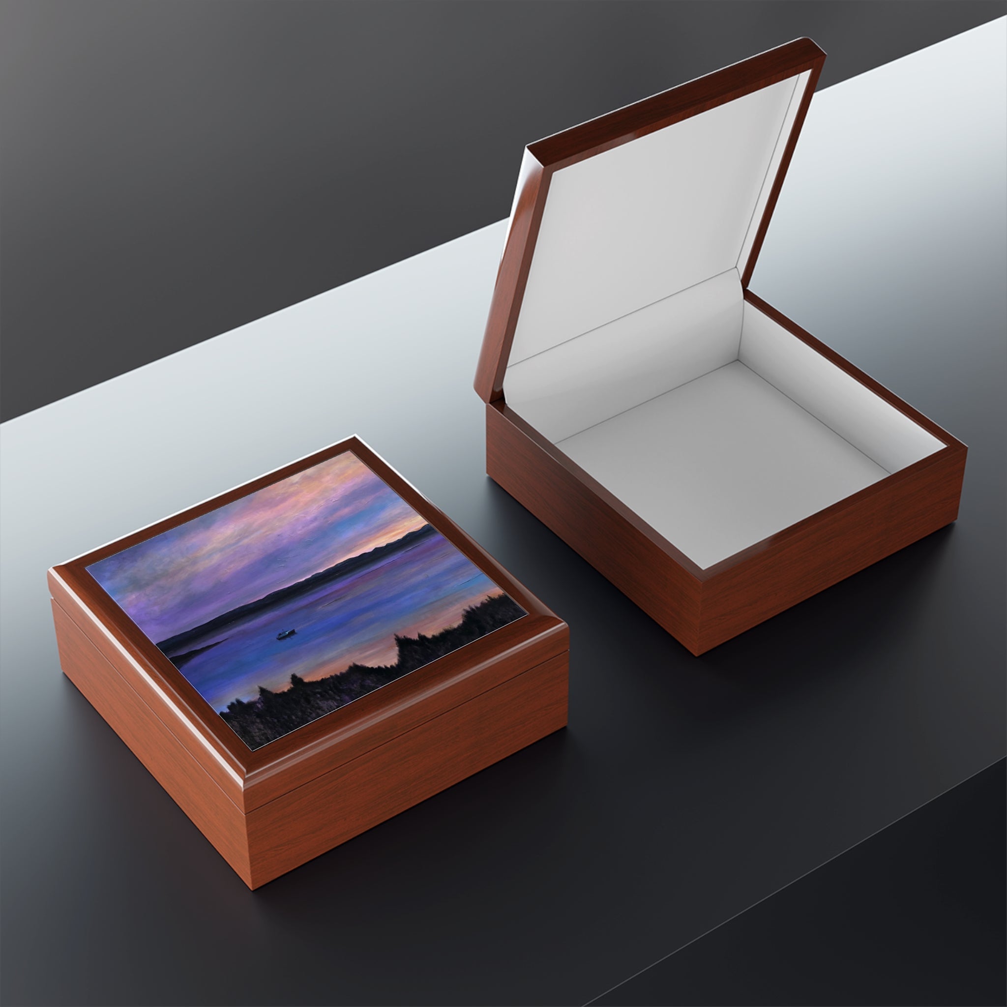 Lamlash Dusk jewelry box with serene twilight lake lid scene