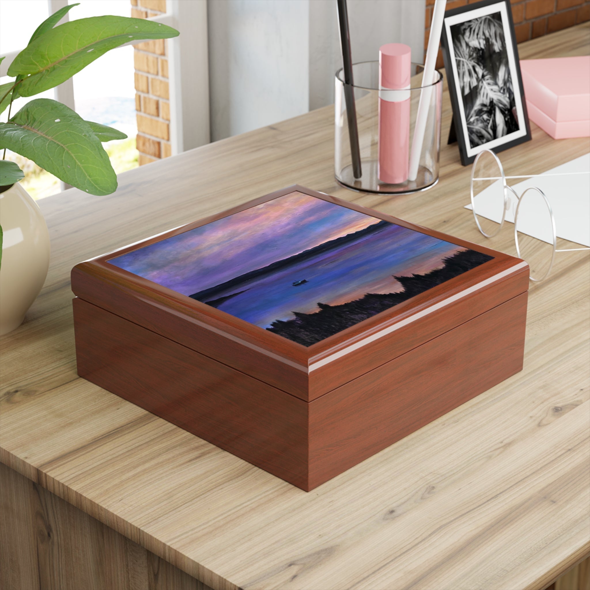 Lamlash Dusk jewellery box with painted sunset lid, Scotland