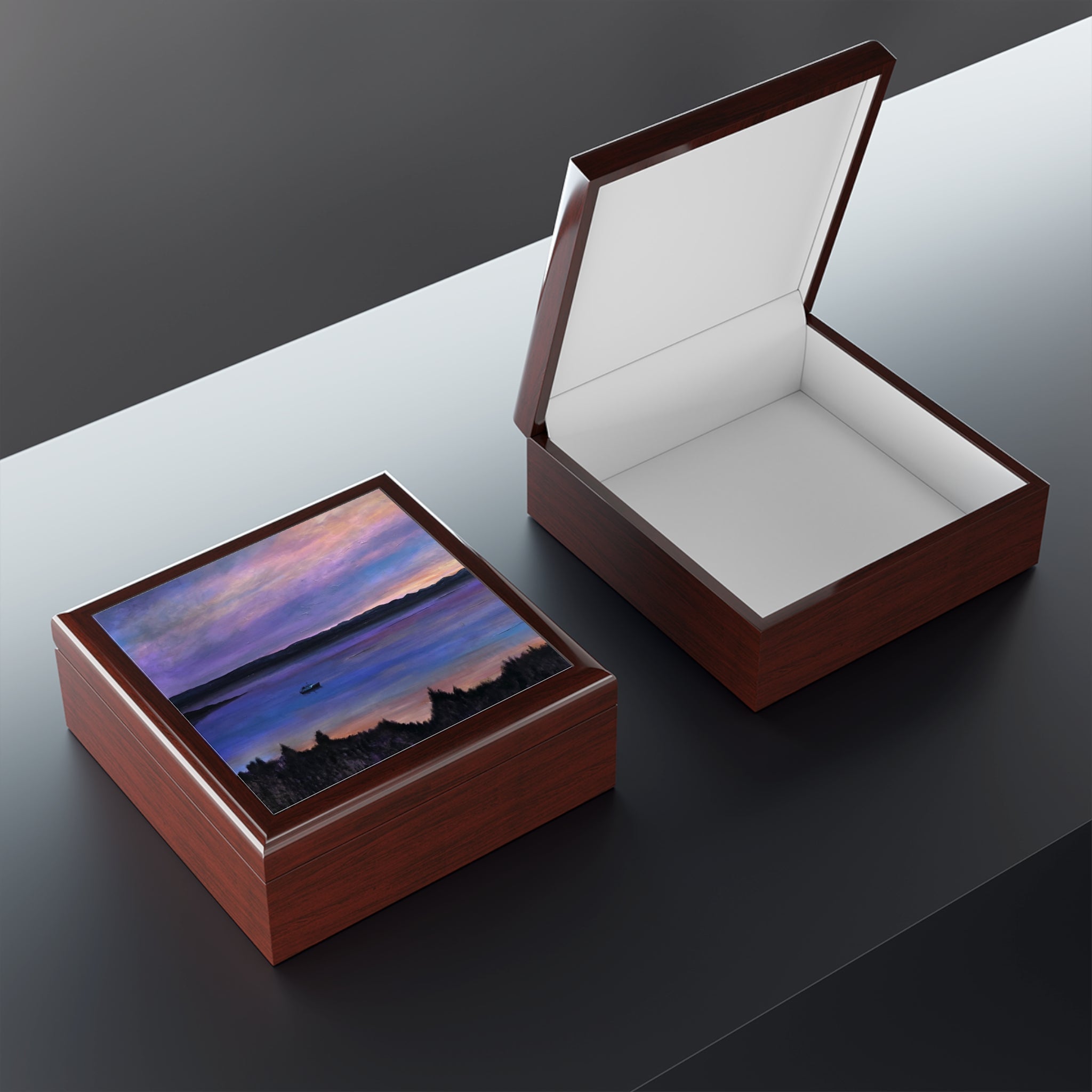 Lamlash Dusk jewelry box with sunset lid in purple blue hues over water