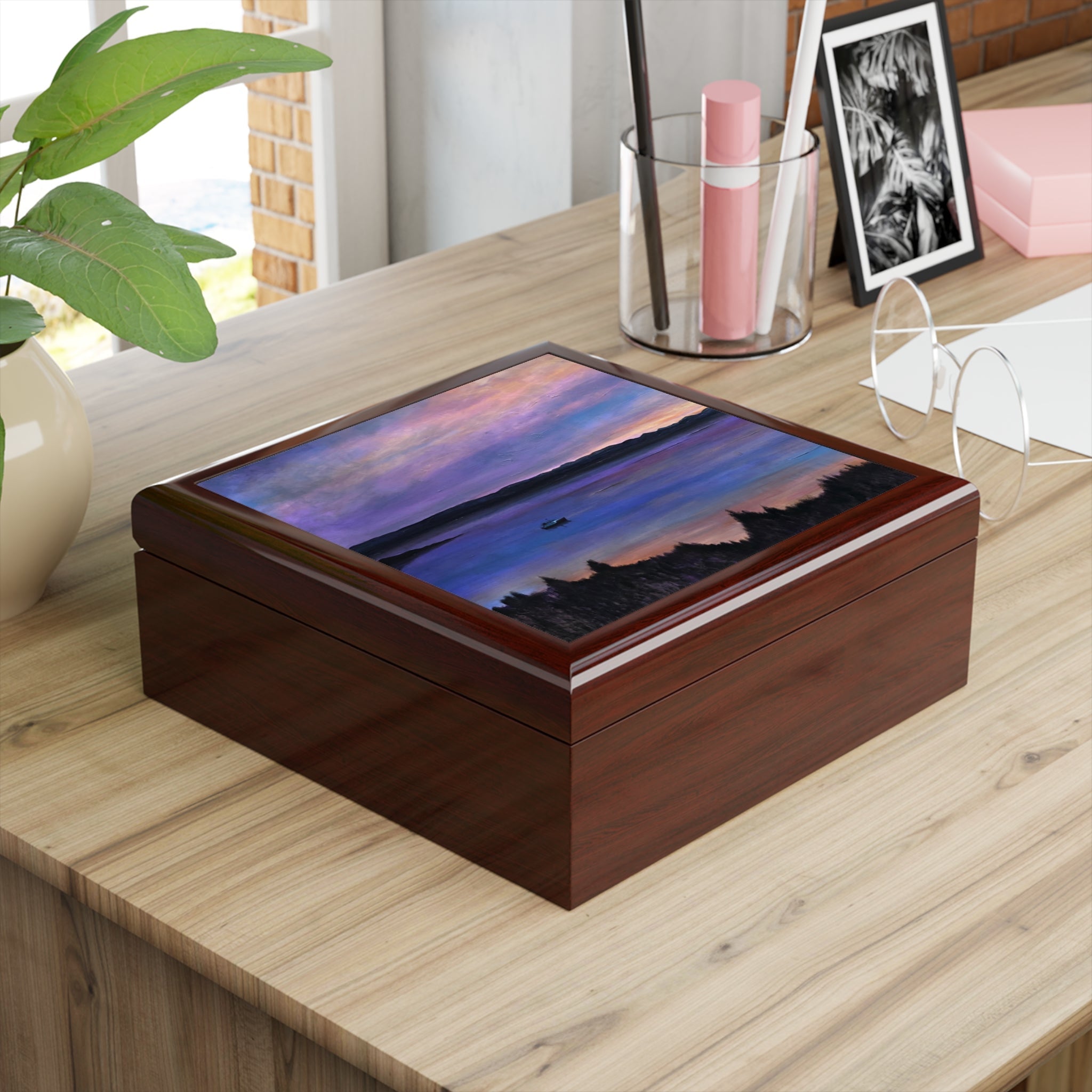 Lamlash Dusk jewelry box with sunset lid, dark brown wood, Scotland
