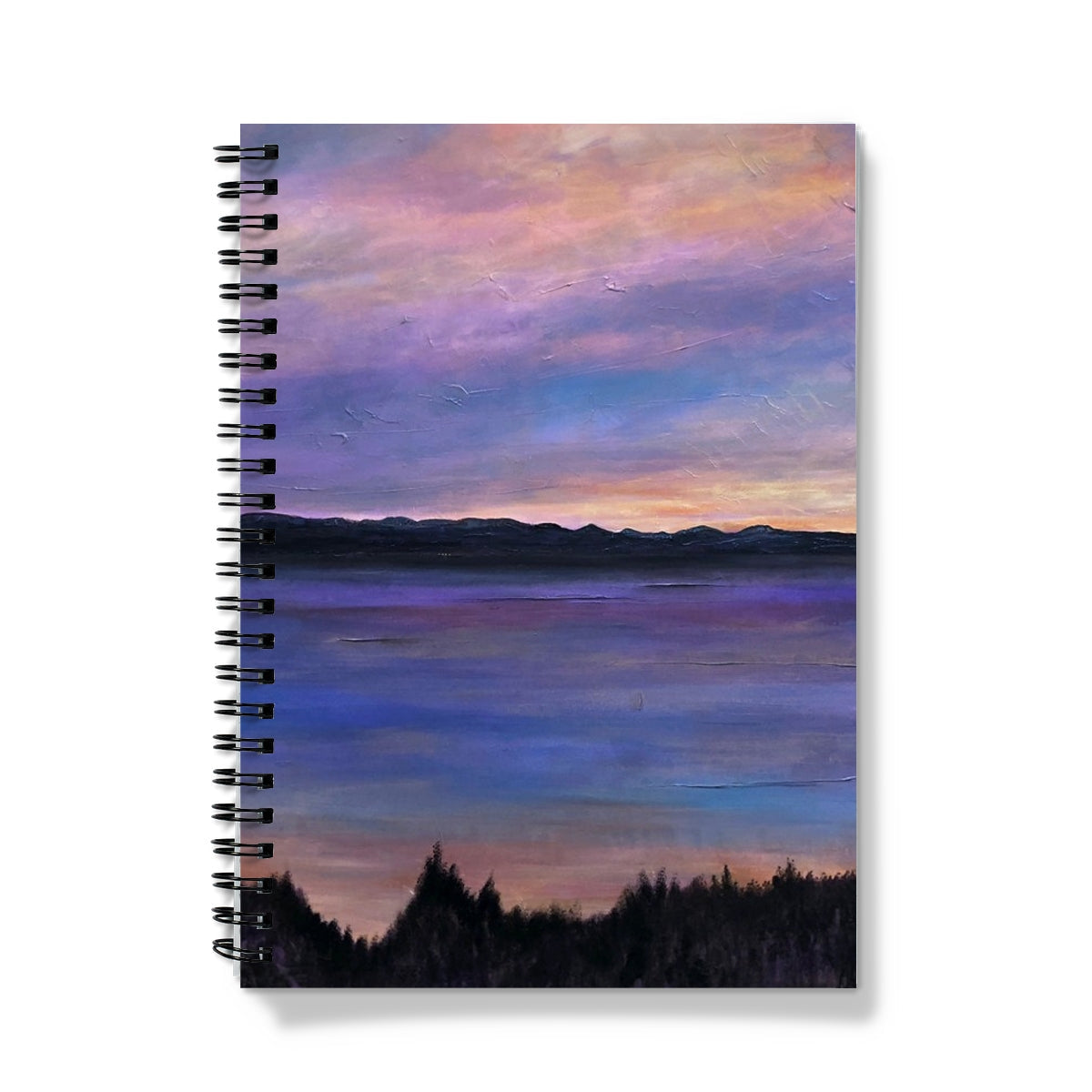 Lamlash Dusk Notebook with painted twilight landscape over water and mountains