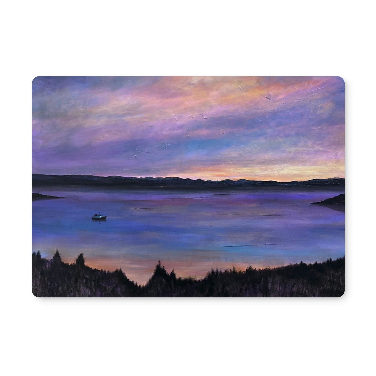 Lamlash Dusk Placemat: rectangular wooden plaque with serene lake at twilight