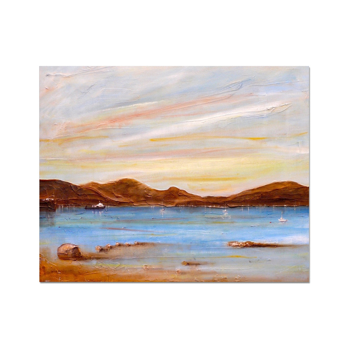 The Last Ferry to Dunoon beach scene painting with brown hills, blue water, white clouds