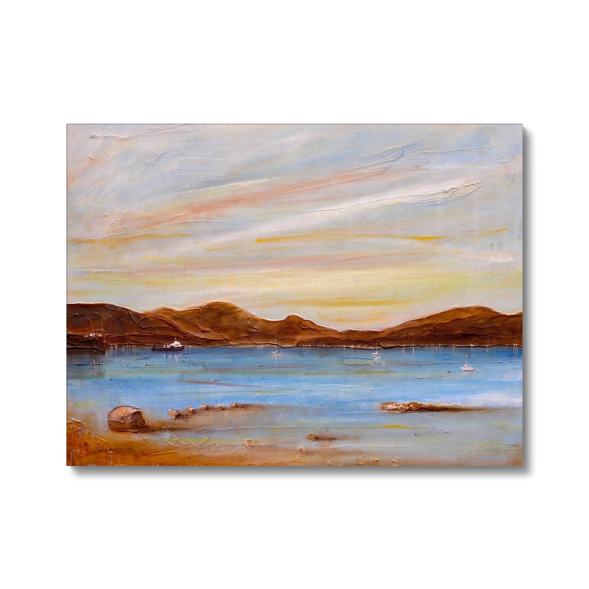 The Last Ferry to Dunoon canvas print: sandy shore, calm blue water, distant hills