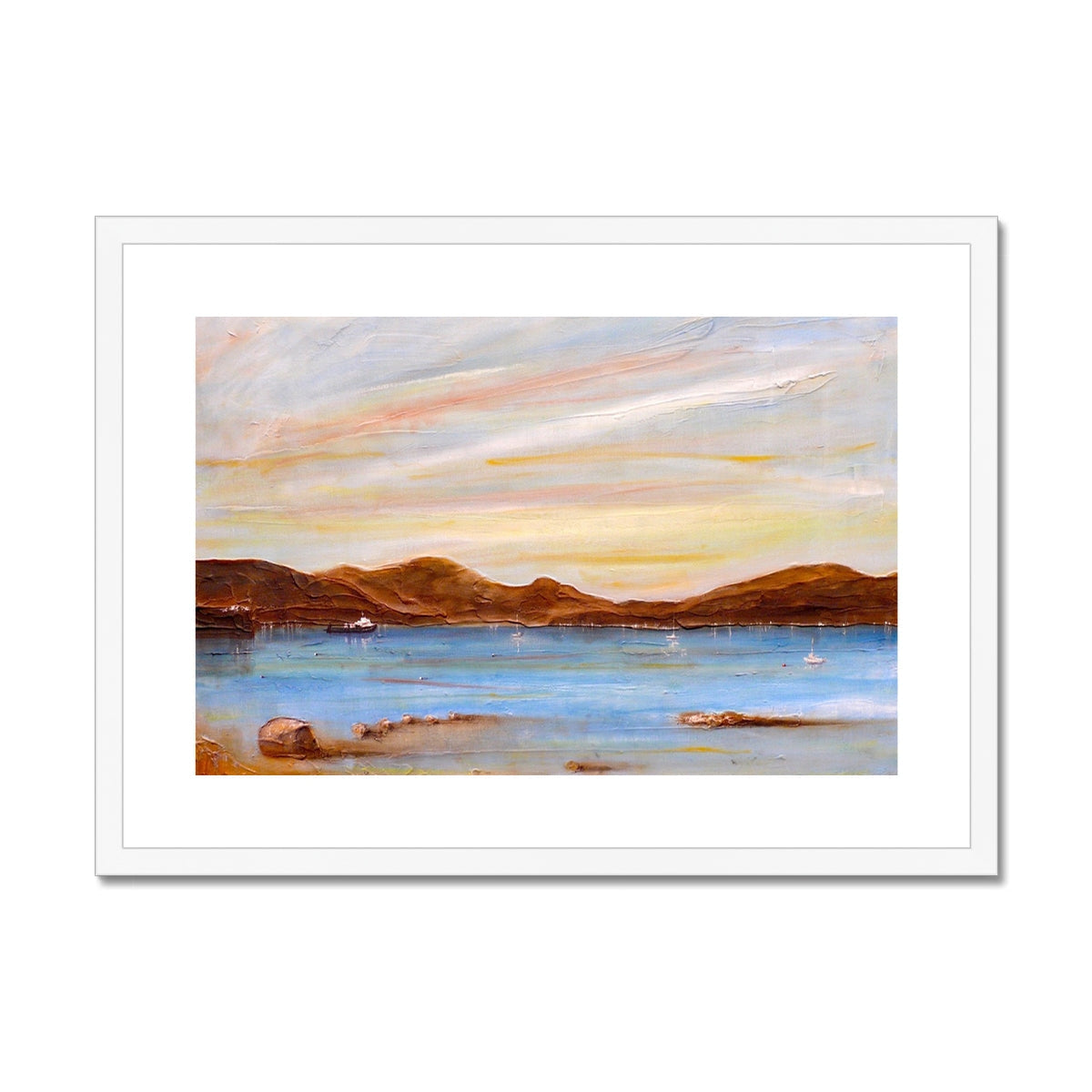 White framed canvas print of The Last Ferry To Dunoon serene lake scene