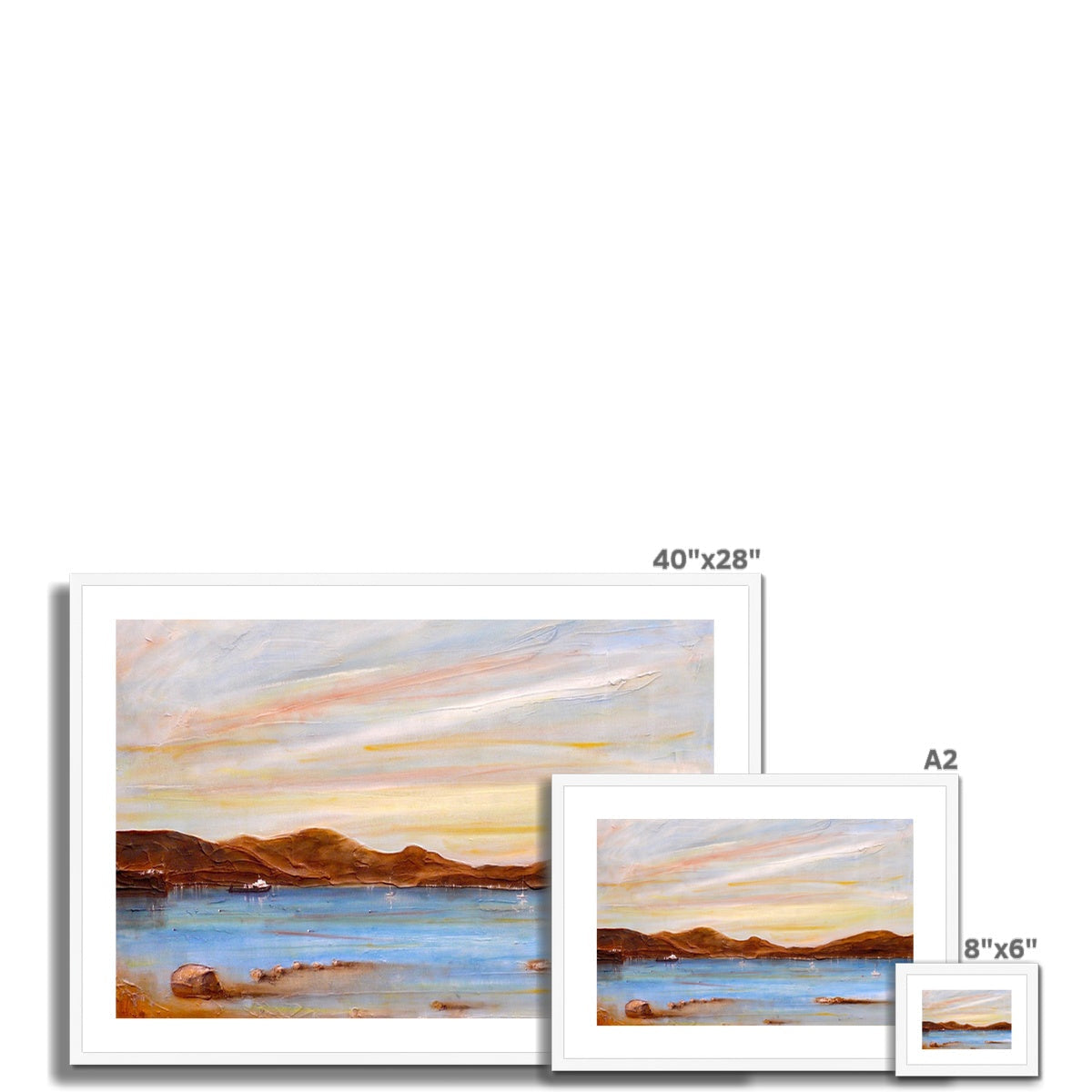 40x28 inch framed The Last Ferry To Dunoon landscape painting with pastel hues and mountain silhouette