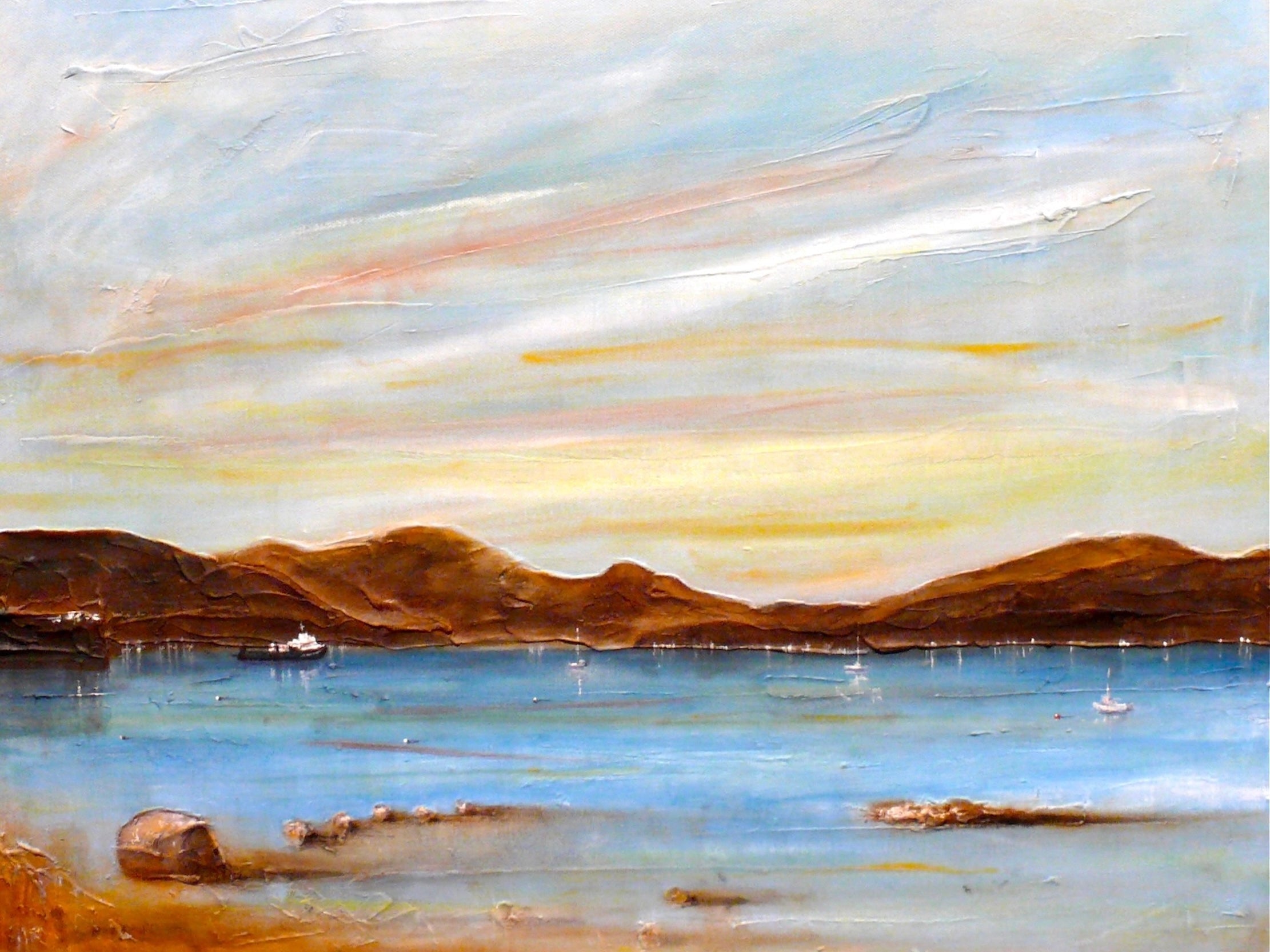 Oil painting of a coastal landscape with mountains, water, and boats in The Last Ferry From Dunoon product