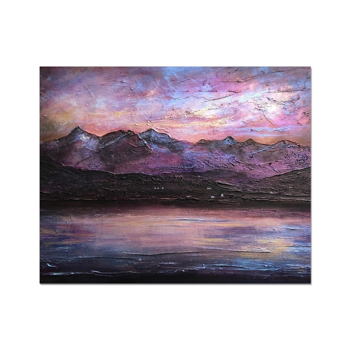 Textured oil painting of a purple mountain range at sunset over a reflective lake, Last Skye Light Artist Proof Collector Print