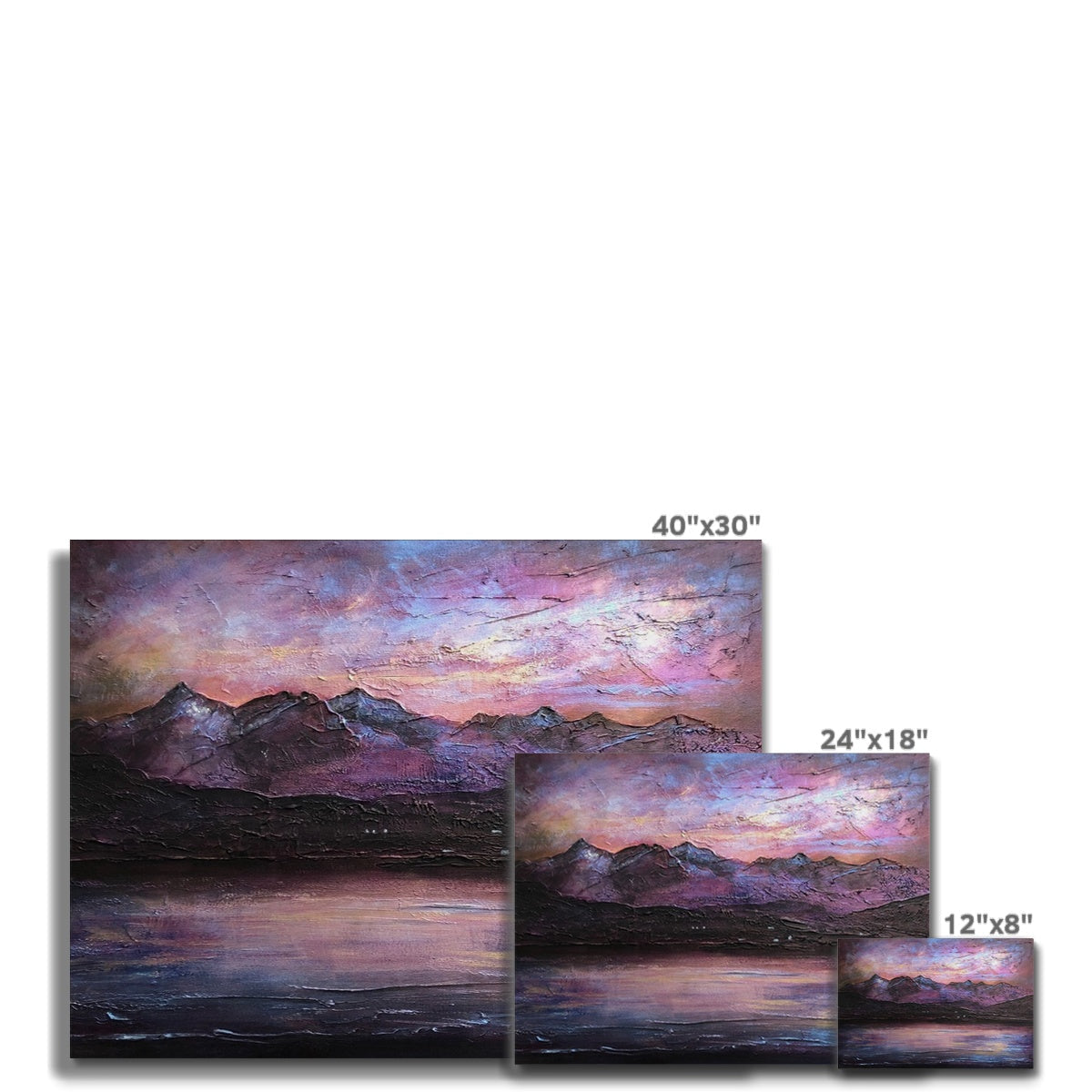 Last Skye Light Canvas set featuring three landscape paintings of a mountainous lake at sunset
