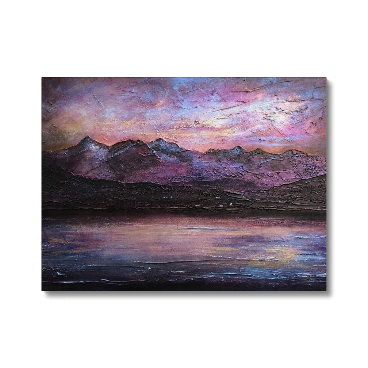 Textured landscape painting of Mountains and a Lake at Sunset on Last Skye Light Canvas