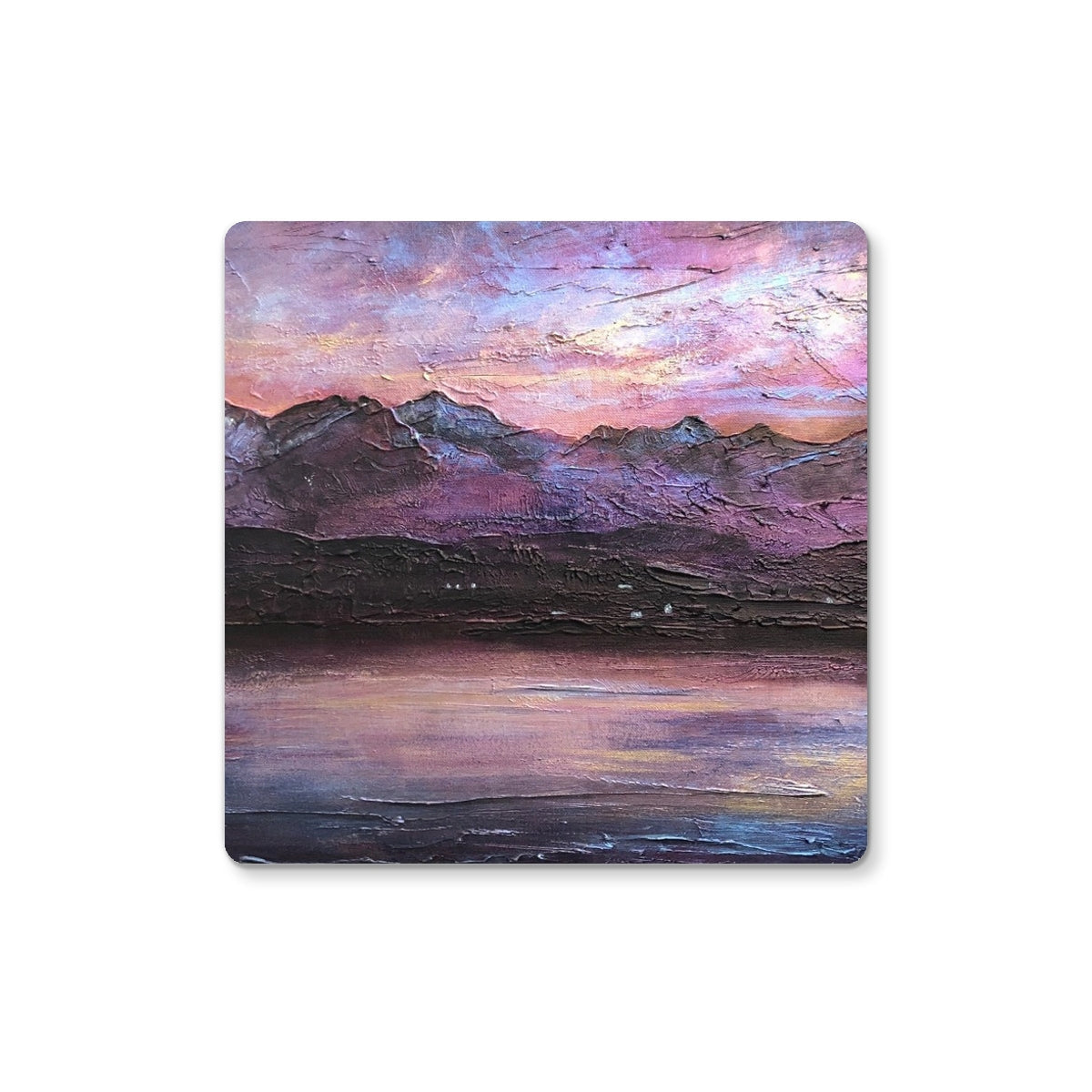 Textured painting of a mountainous landscape at sunset or sunrise with a reflective lake for Last Skye Light Coaster