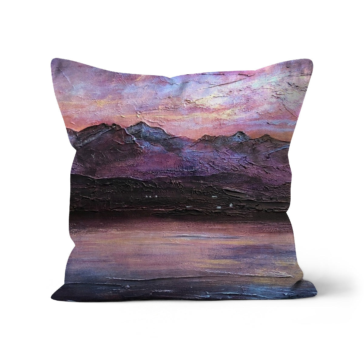 Last Skye Light Cushion with impressionistic purple and pink mountain and lake landscape design