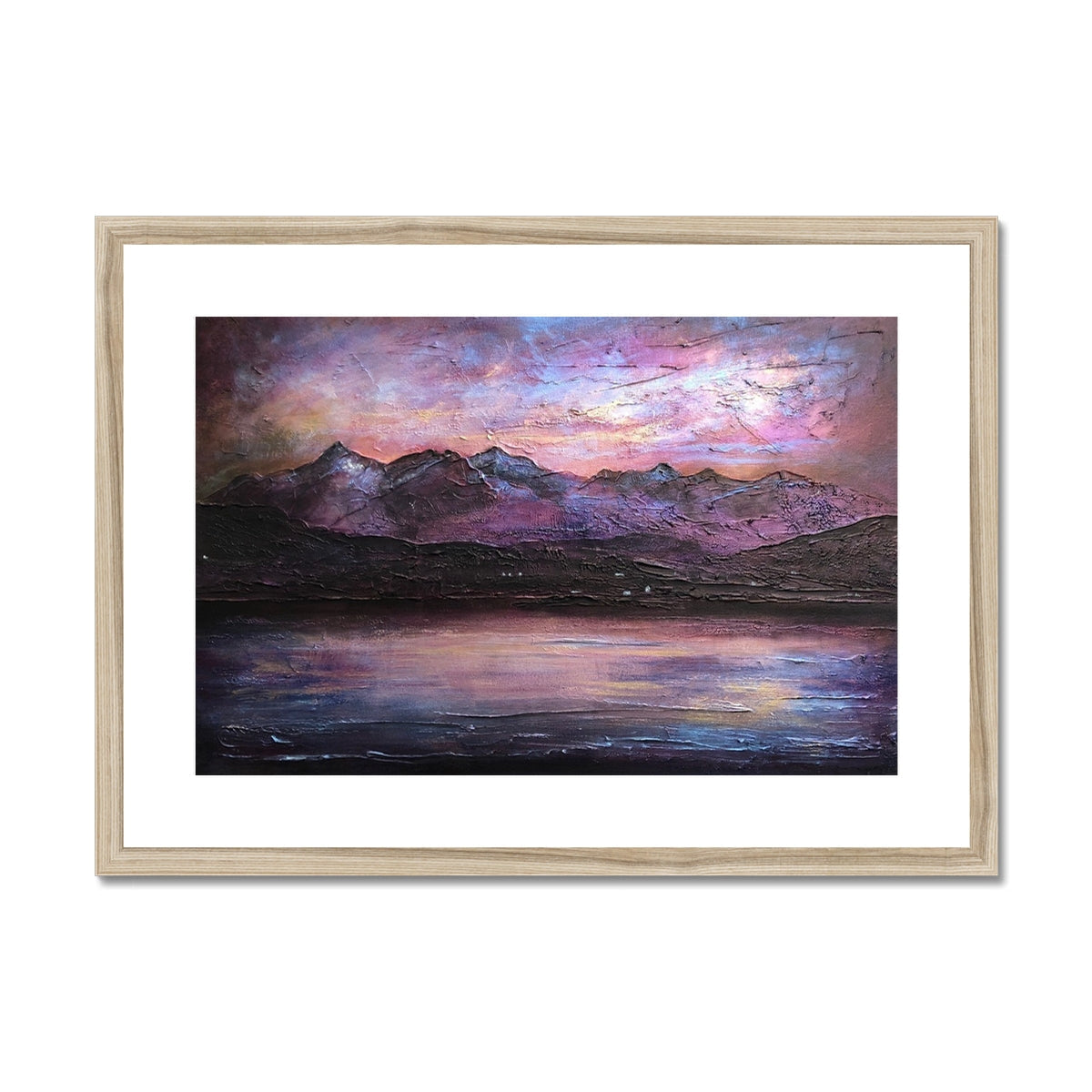 Framed landscape painting of a sunset over mountains and a lake in Last Skye Light print
