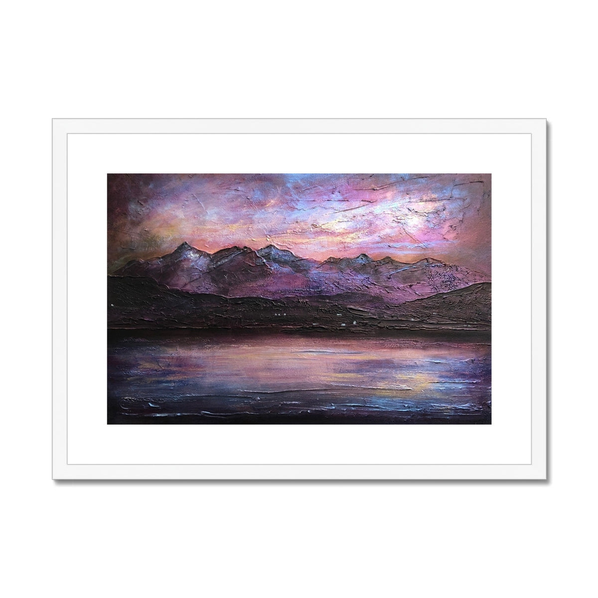 Last Skye Light Framed & Mounted Print of mountain landscape at sunset with lake reflection