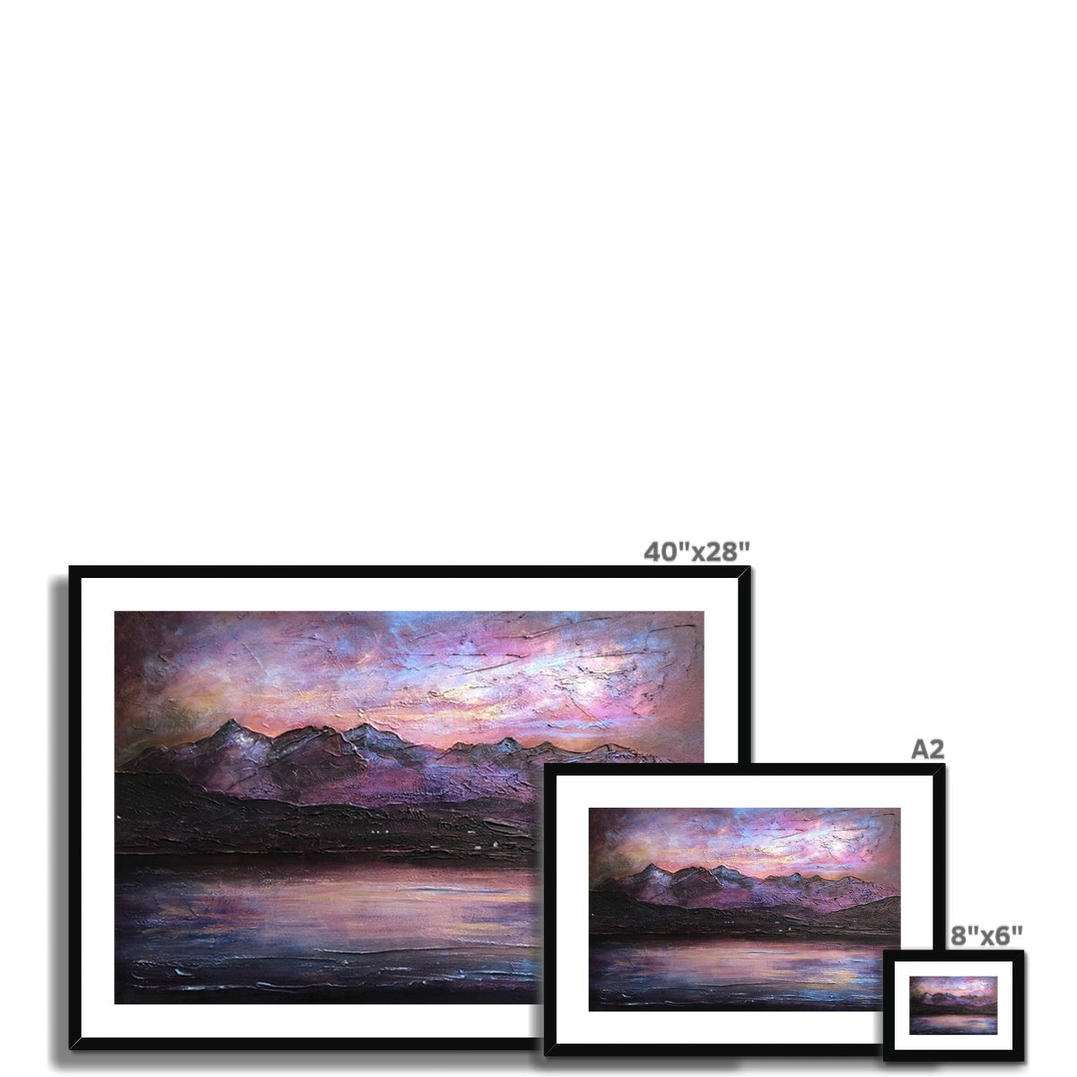 Three framed mountain and lake landscape prints at sunset in Last Skye Light Framed & Mounted Print