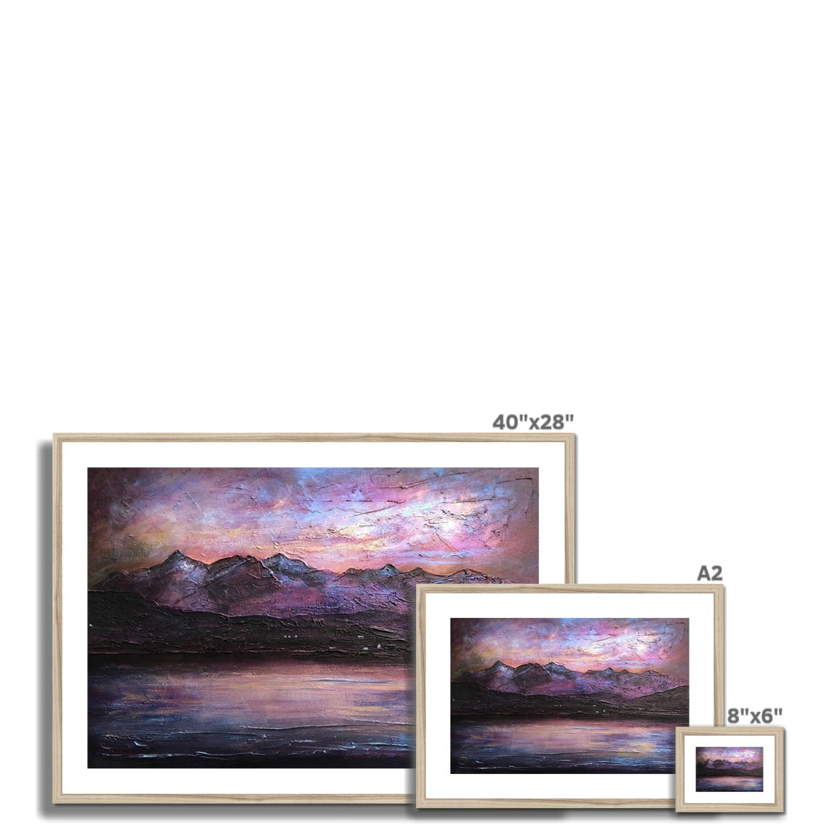 Three framed landscape paintings of a purple sunset over mountains and a lake in Last Skye Light Print