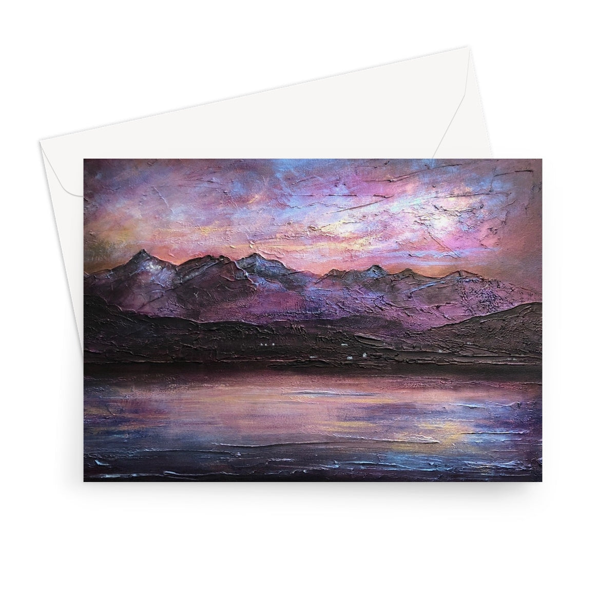 Textured painting of a mountainous lake at sunset on the Last Skye Light Greeting Card