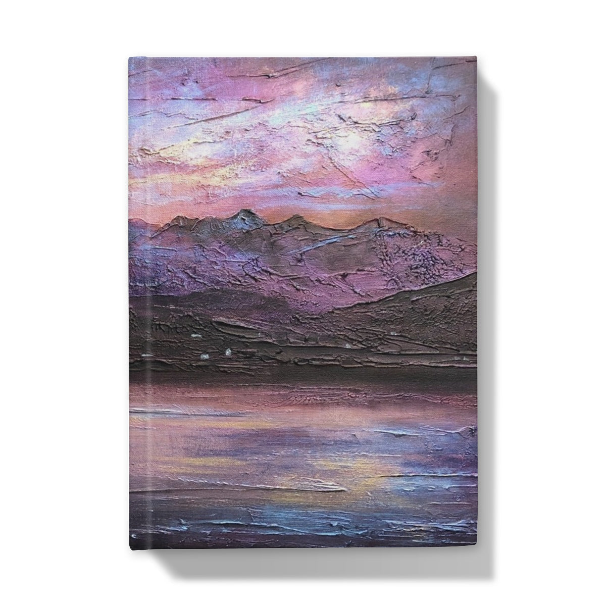 Vibrant textured oil painting of Mountain and Lake landscape at Sunset on Last Skye Light Hardback Journal