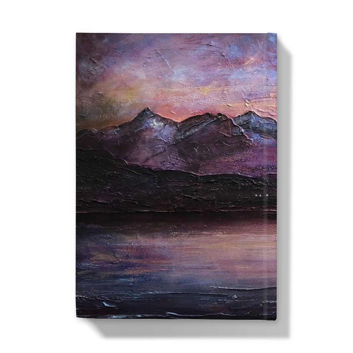Textured oil painting of Mountain Landscape at Sunset over Lake on Last Skye Light Hardback Journal