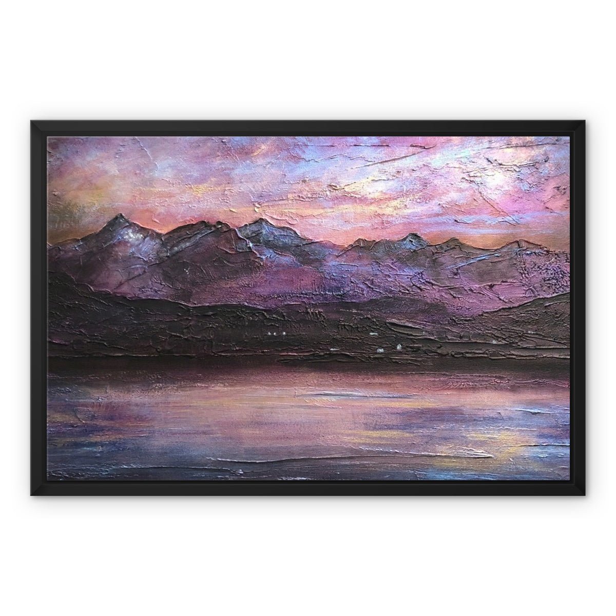 Last Skye Light Painting | Framed Canvas From Scotland-Floating Framed Canvas Prints-Skye Art Gallery-24"x18"-Black Frame-Paintings, Prints, Homeware, Art Gifts From Scotland By Scottish Artist Kevin Hunter