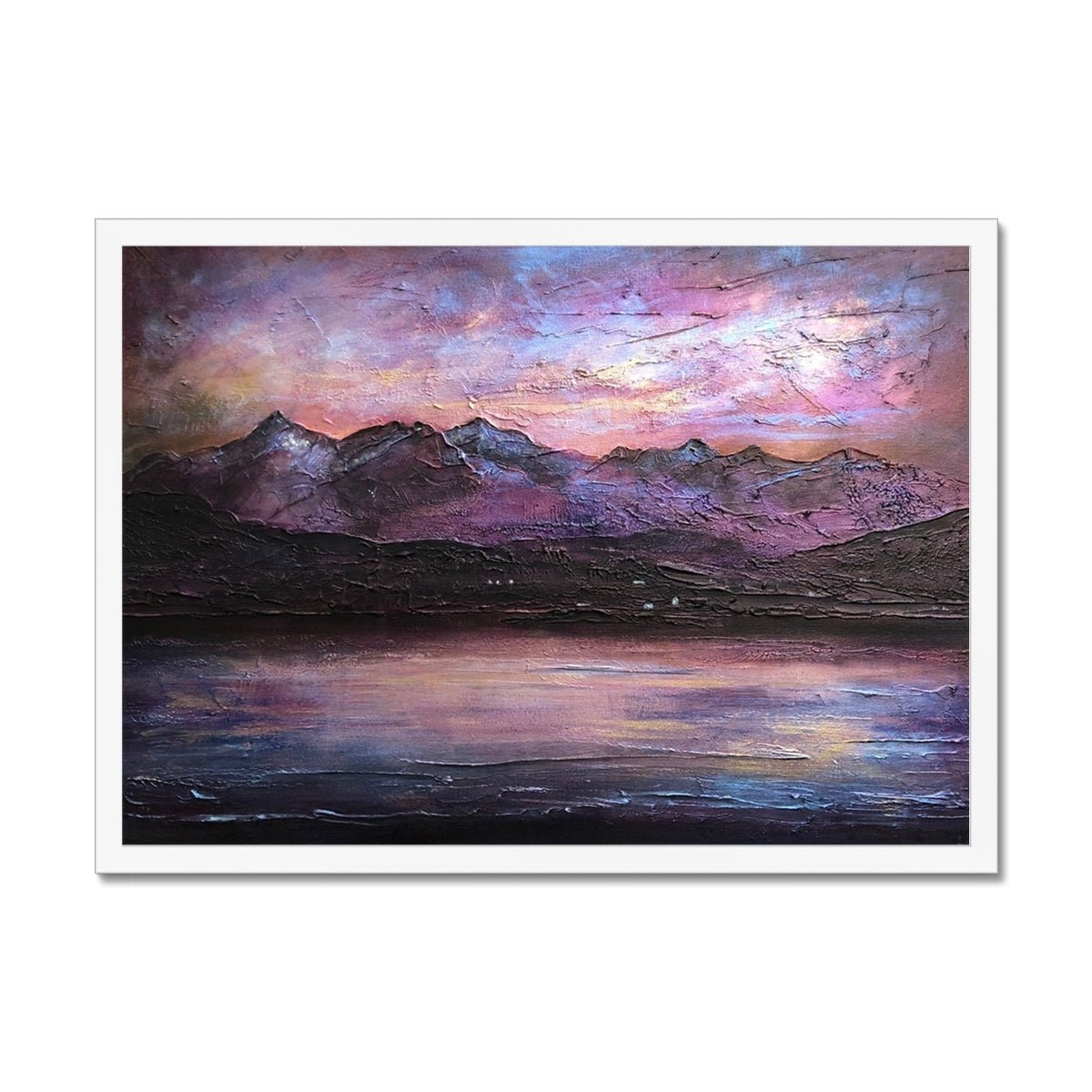 Last Skye Light Painting | Framed Prints From Scotland-Framed Prints-Skye Art Gallery-A2 Landscape-White Frame-Paintings, Prints, Homeware, Art Gifts From Scotland By Scottish Artist Kevin Hunter