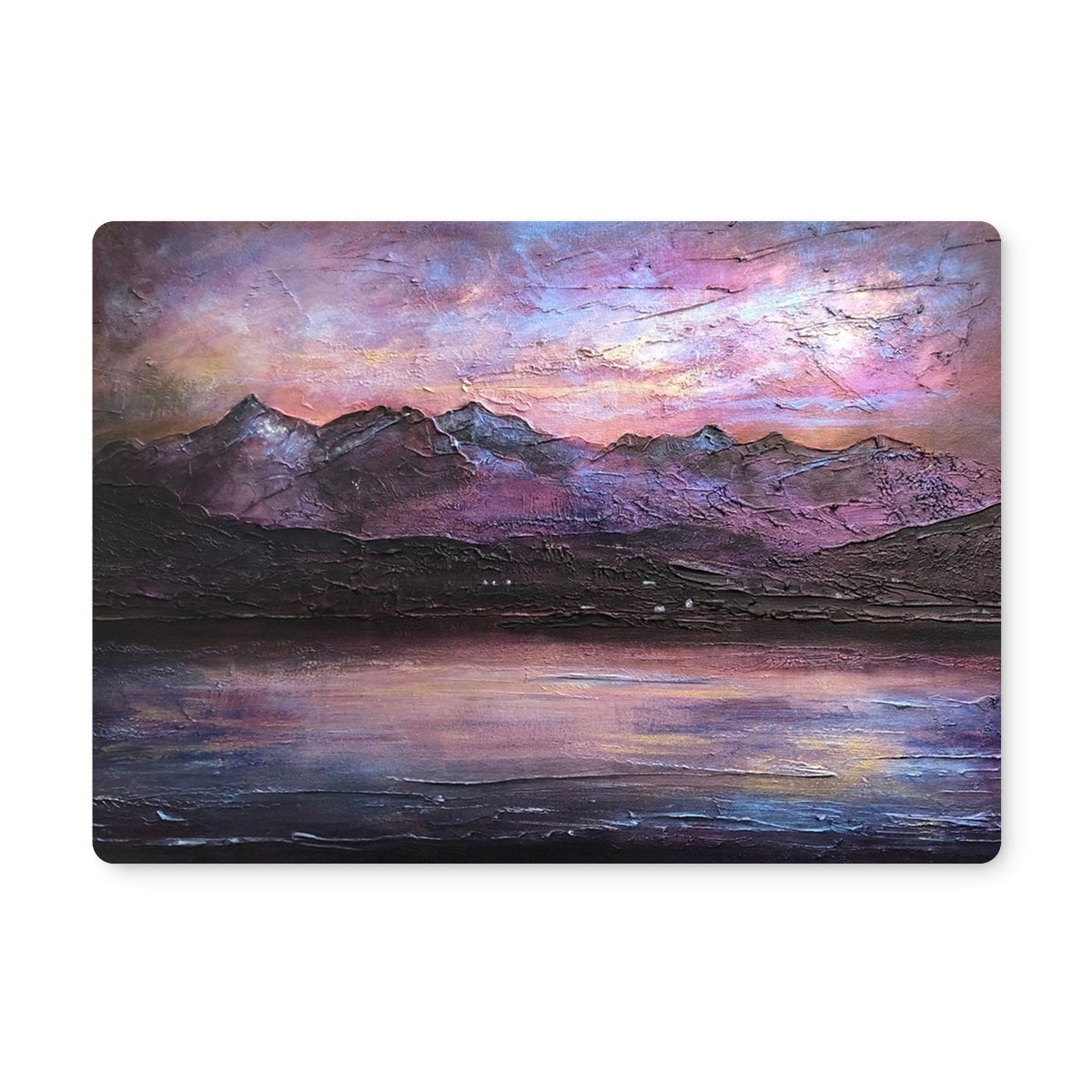 Textured landscape painting of mountains and a lake at sunset on Last Skye Light Placemat