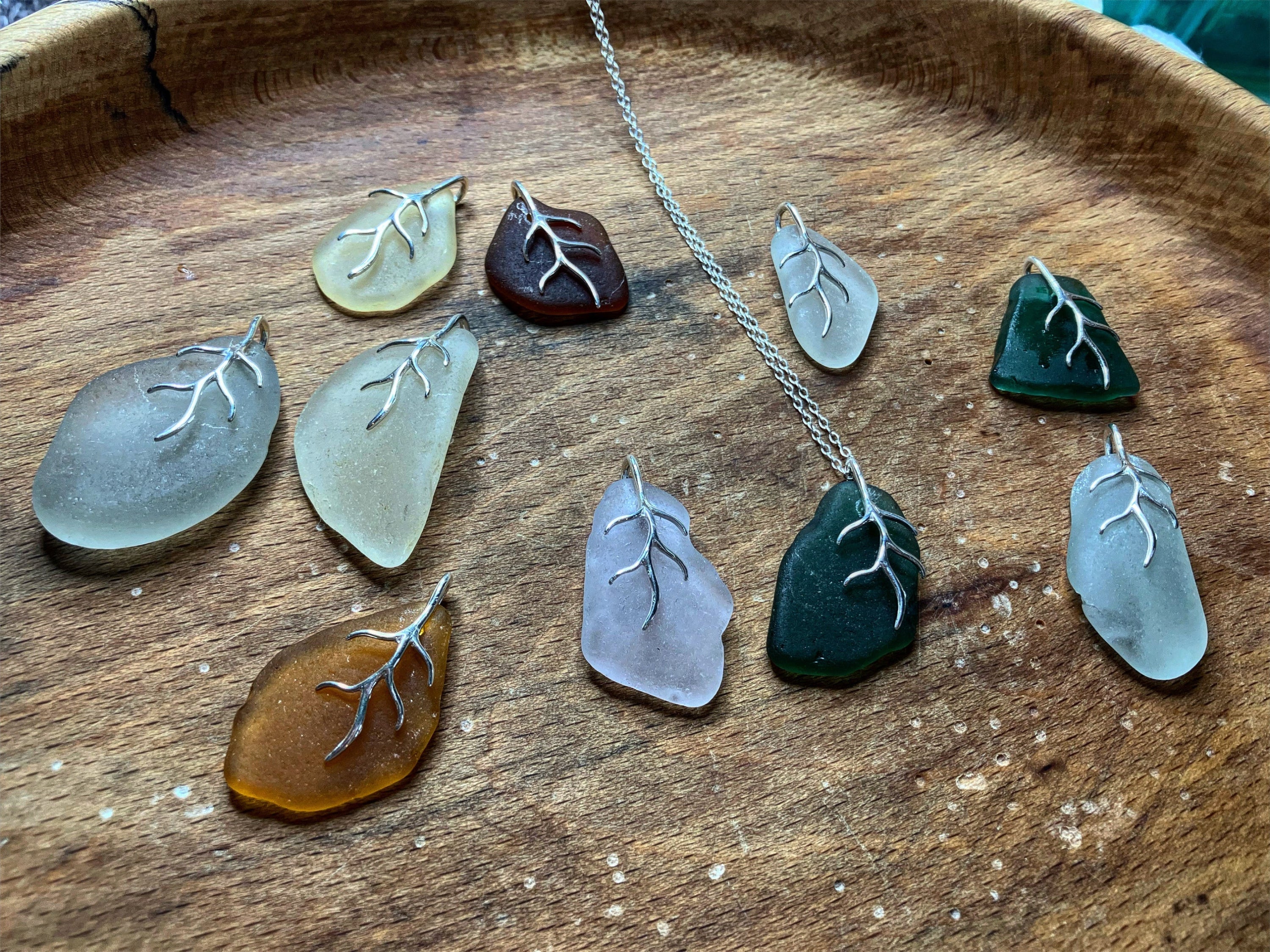 Assortment of Sea Glass Pendants with Silver Leaf Bails in Leaf Scottish Seaglass 925 collection