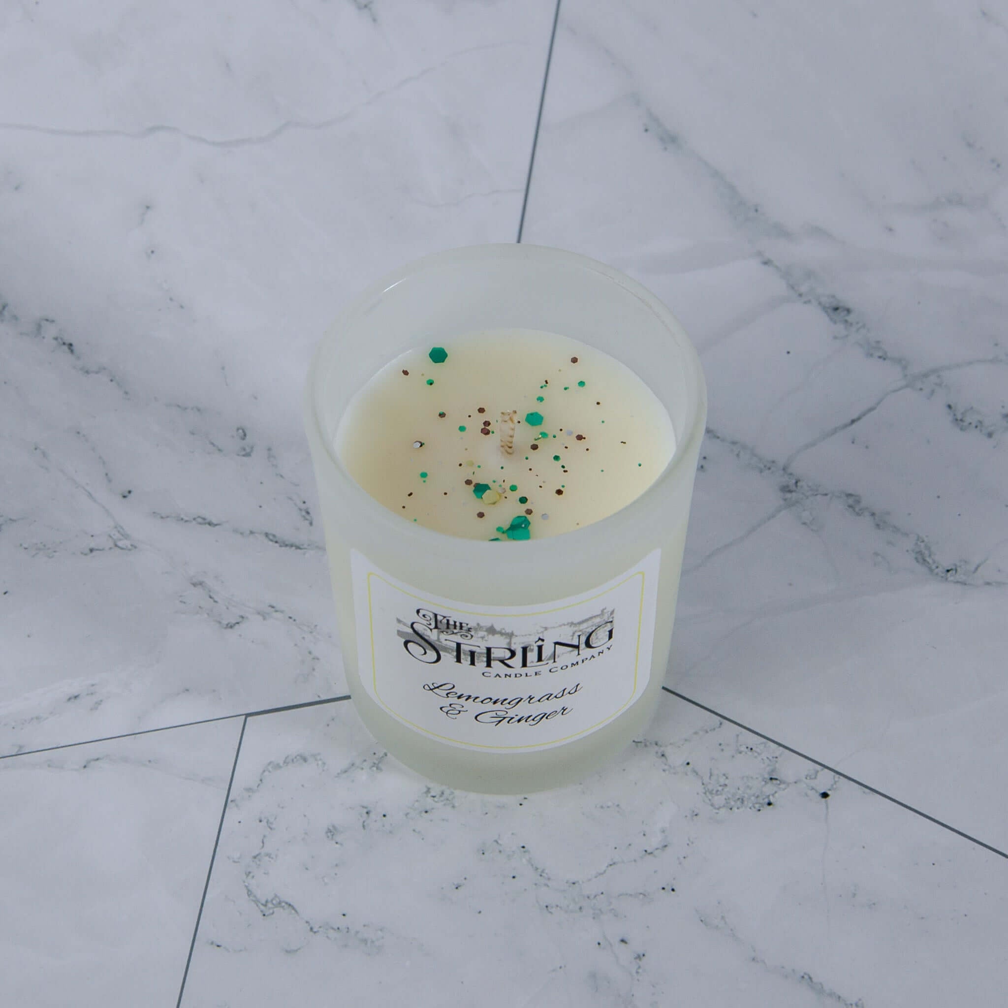 Lemongrass & Ginger small candle in frosted jar with glitter wax