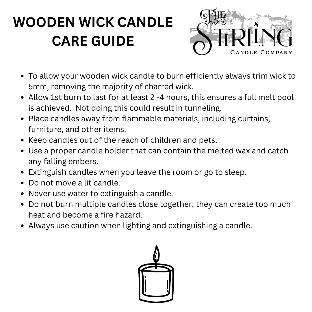 Lemongrass & Ginger travel tin wooden wick candle care guide by Stirling Candle Company