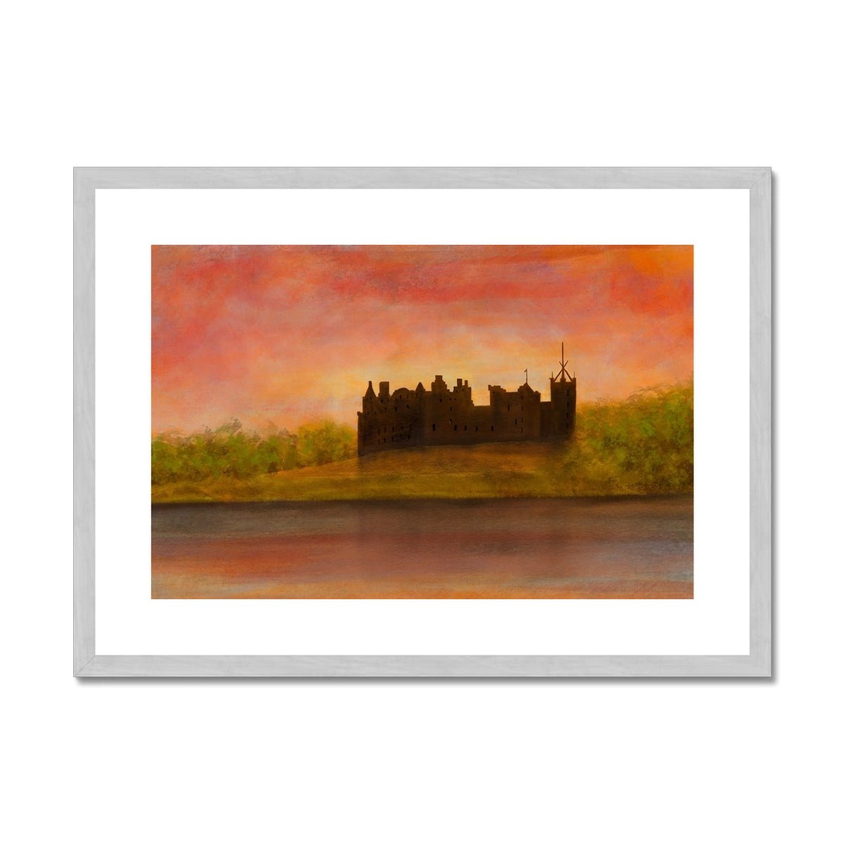 Linlithgow Palace Dusk Painting | Antique Framed & Mounted Prints From Scotland-Antique Framed & Mounted Prints-Historic & Iconic Scotland Art Gallery-A2 Landscape-Silver Frame-Paintings, Prints, Homeware, Art Gifts From Scotland By Scottish Artist Kevin Hunter