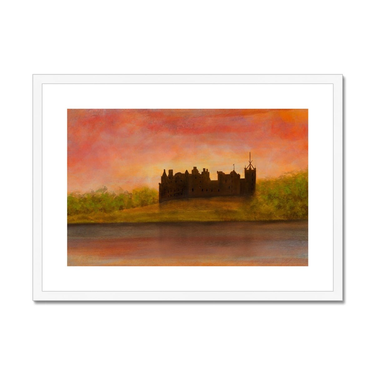 Linlithgow Palace Dusk Painting | Framed & Mounted Prints From Scotland-Framed & Mounted Prints-Historic & Iconic Scotland Art Gallery-A2 Landscape-White Frame-Paintings, Prints, Homeware, Art Gifts From Scotland By Scottish Artist Kevin Hunter